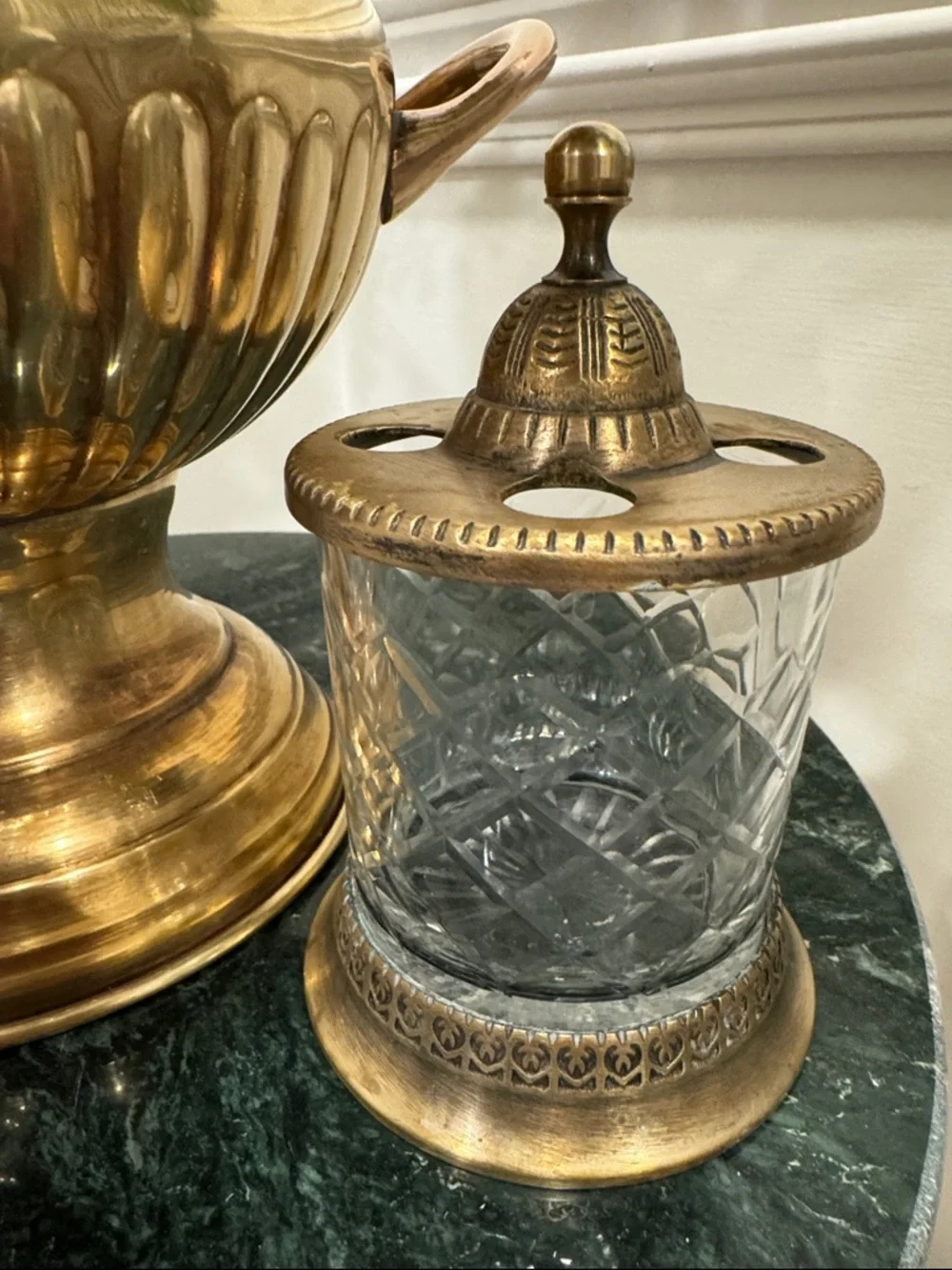 Antique Cut Crystal  Vanity  Toothbrush holder with Ornate Metal Lid